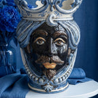 Handcrafted Teste di Moro ceramic vase with blue crown, traditional Sicilian design for home decor