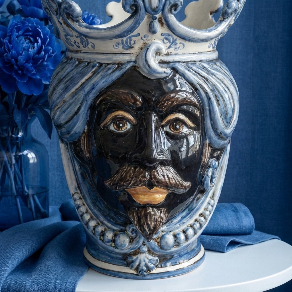Handcrafted Teste di Moro ceramic vase with blue crown, traditional Sicilian design for home decor