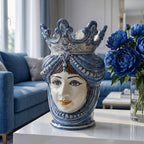 Handcrafted Teste di Moro vase with blue crown, ceramic face decor for modern home interiors