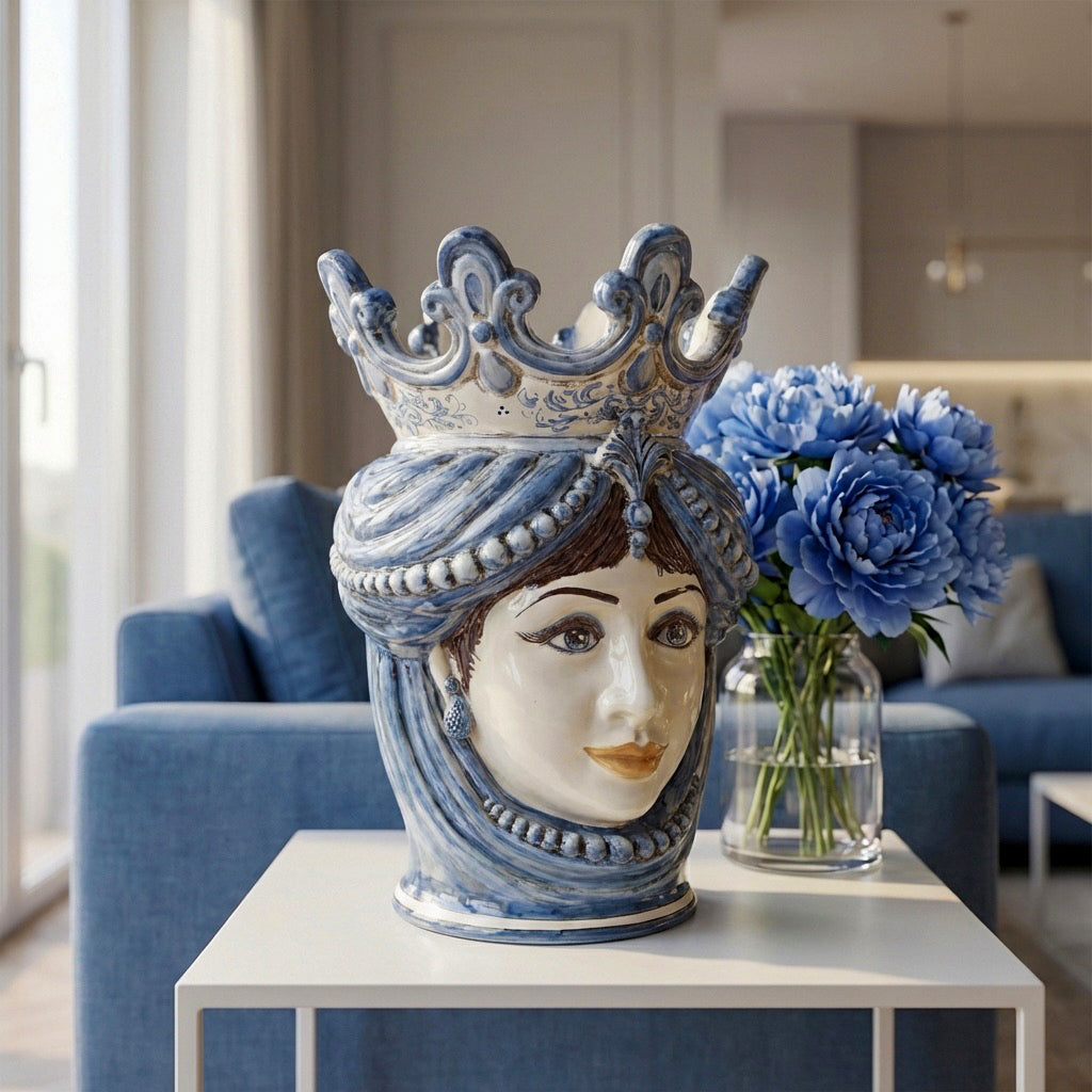 Handcrafted Teste di Moro ceramic vase with blue crown, styled in modern living room with blue peonies