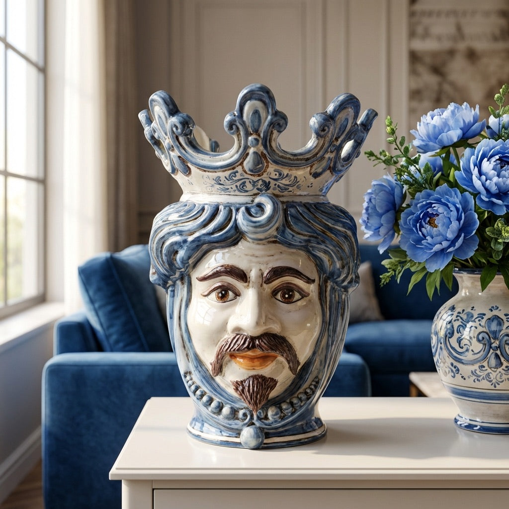 Handmade Teste di Moro ceramic vase with blue crown, displayed in modern living room with blue flowers