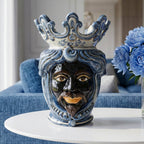Handcrafted Teste di Moro vase with blue crown, perfect for modern home decor