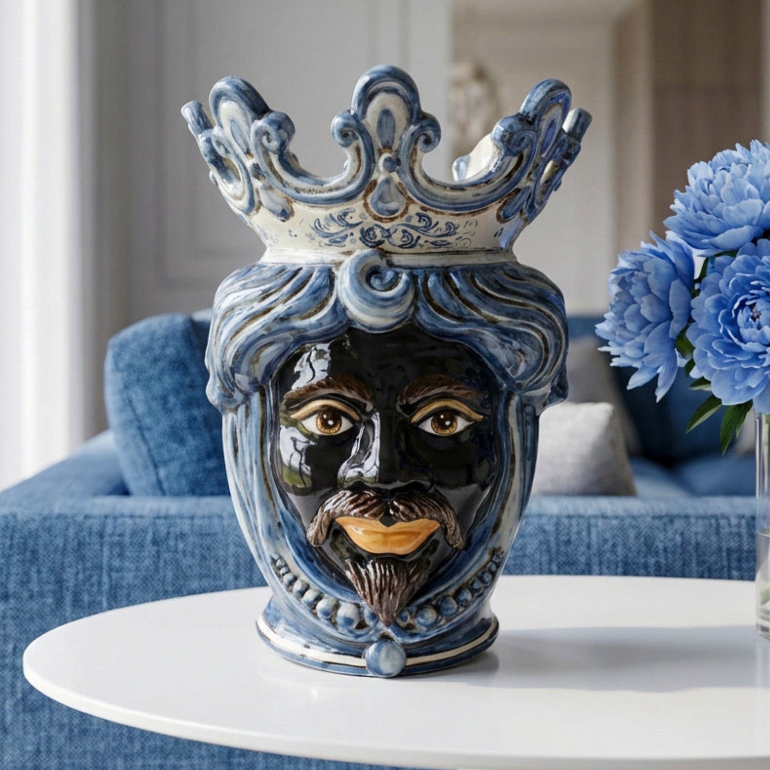 Handcrafted Teste di Moro vase with blue crown, perfect for modern home decor