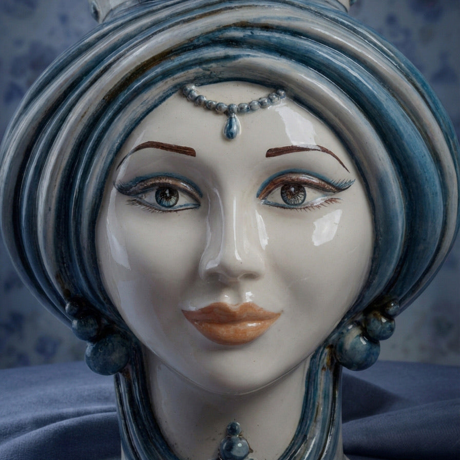 Handcrafted Teste di Moro ceramic sculpture with blue turban, beaded jewelry, and expressive eyes