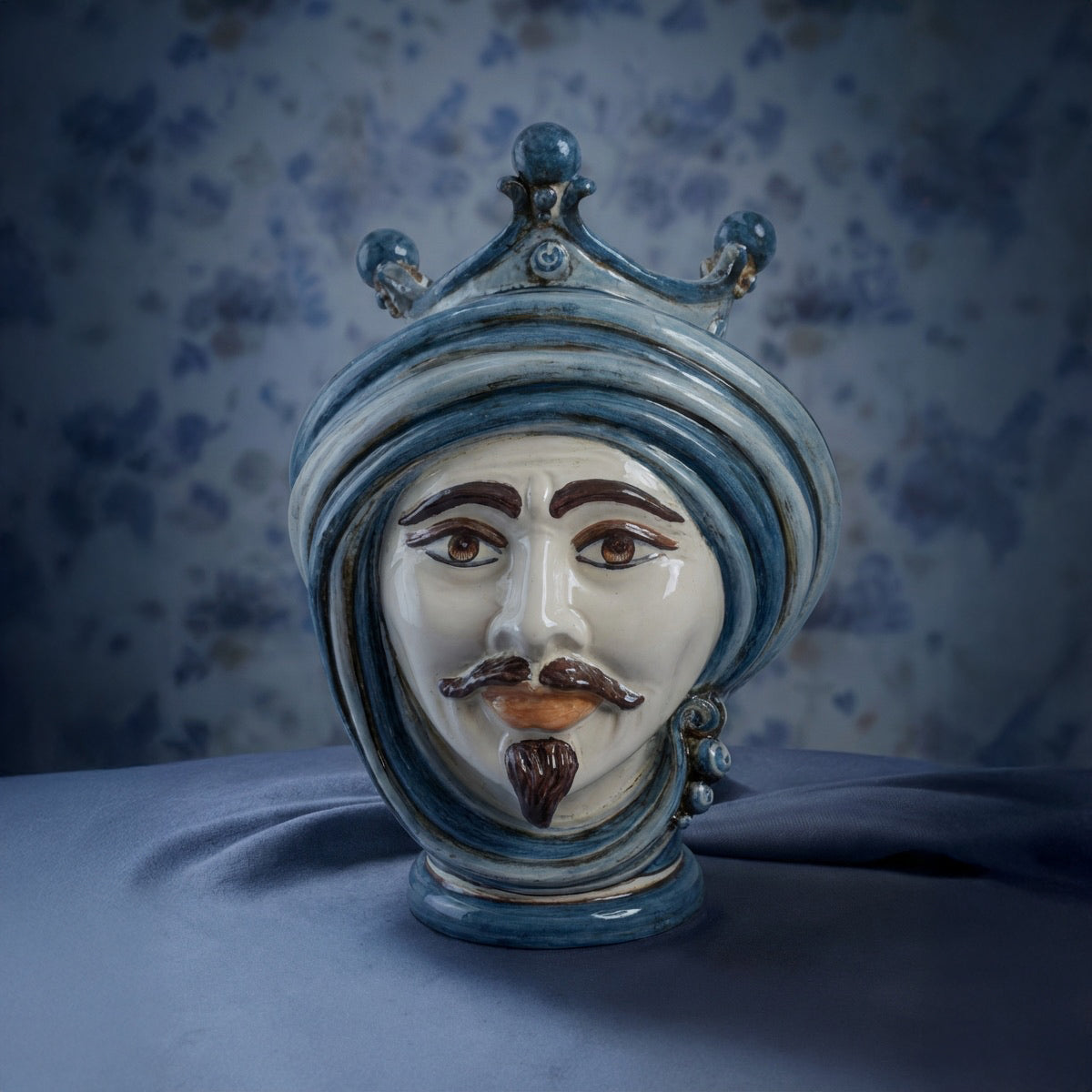 Handmade Teste di Moro ceramic face with blue turban, traditional Sicilian decor for modern interiors
