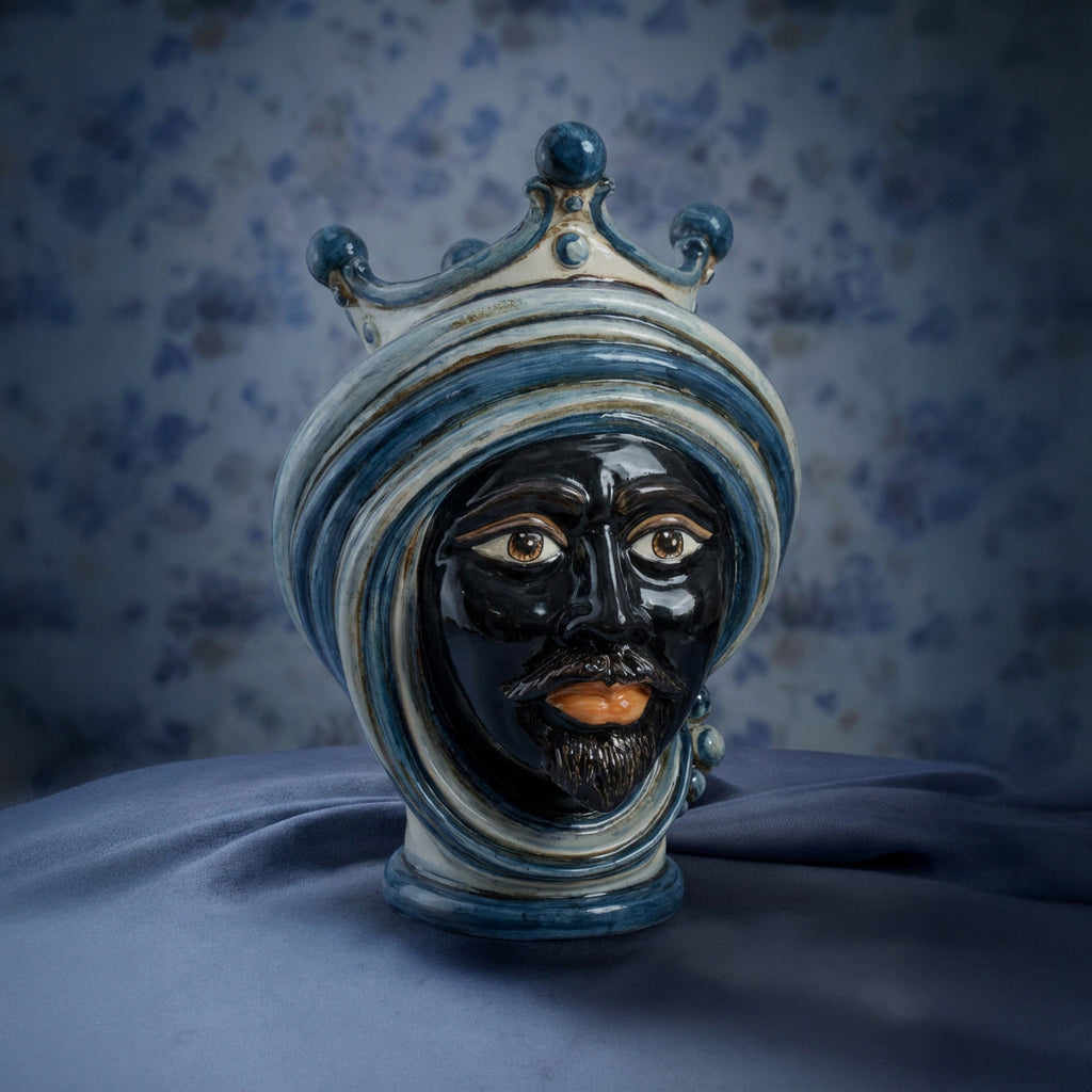 Handmade Teste di Moro ceramic sculpture with blue turban and crown, traditional Sicilian art decor