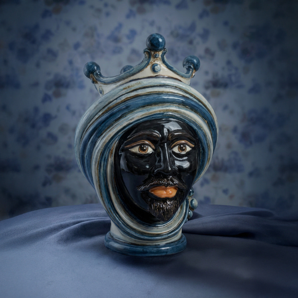 Handmade Teste di Moro ceramic sculpture with blue turban and crown, traditional Sicilian art decor
