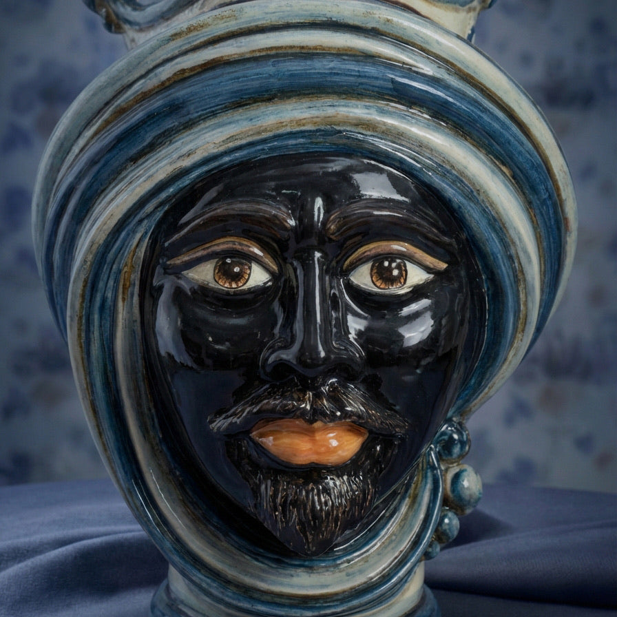 Handmade Teste di Moro ceramic vase with blue and white turban, glossy black face, and detailed beard.