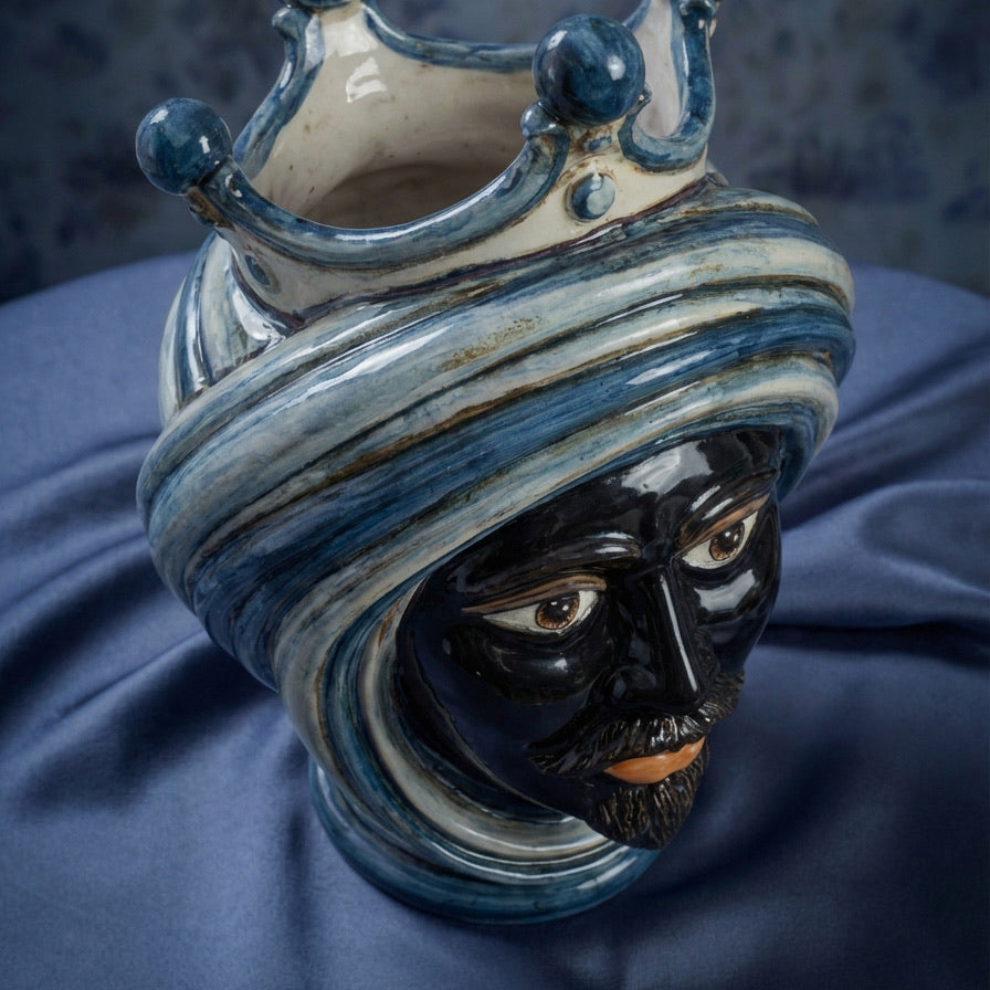 Handmade Teste di Moro vase with blue turban and crown, traditional Sicilian ceramic art