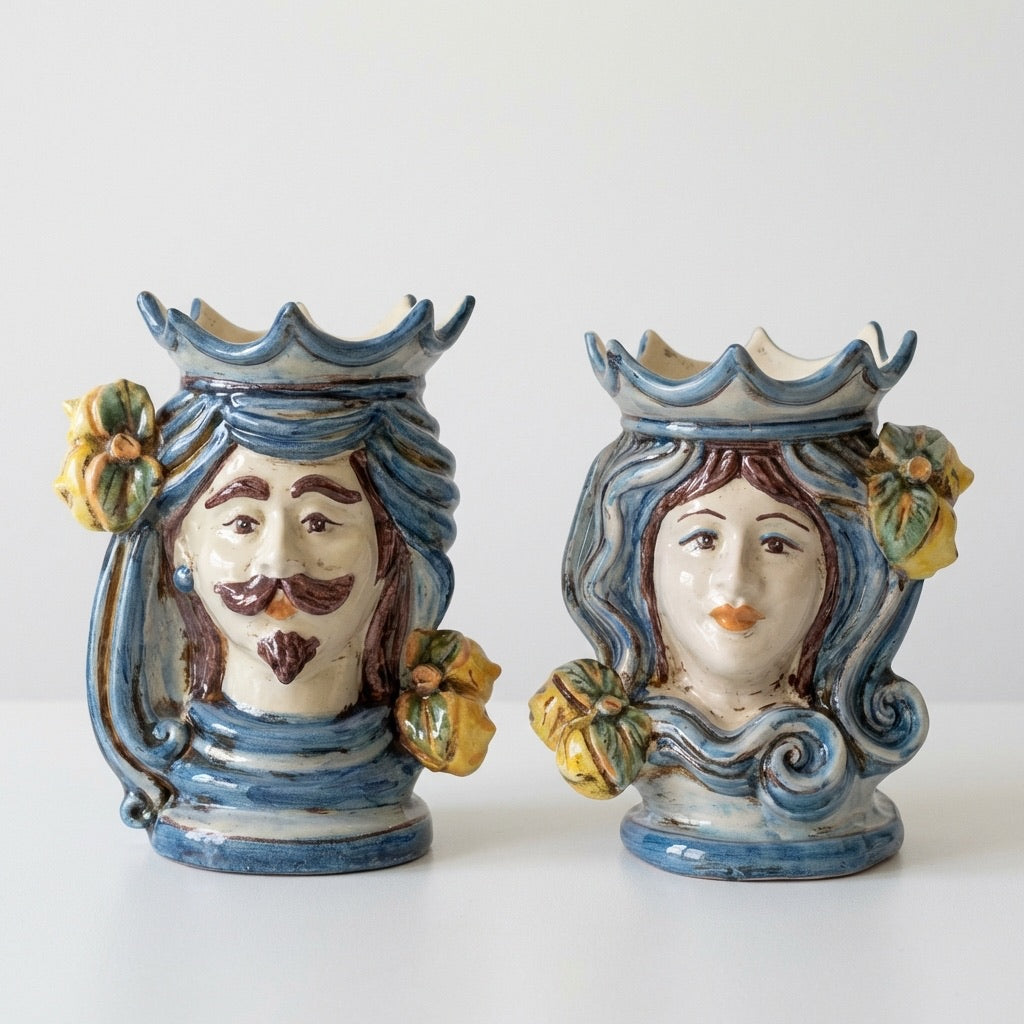 Handmade Teste di Moro ceramic vases with blue glaze, floral accents, and expressive faces, blending tradition and modern design.