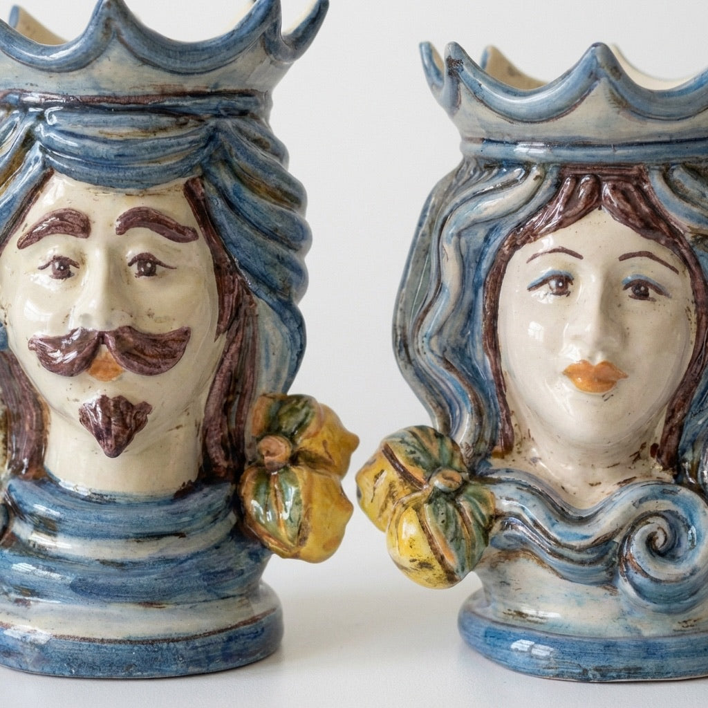 Handmade Teste di Moro ceramic vases with crowned male and female faces, blue glaze, and fruit accents