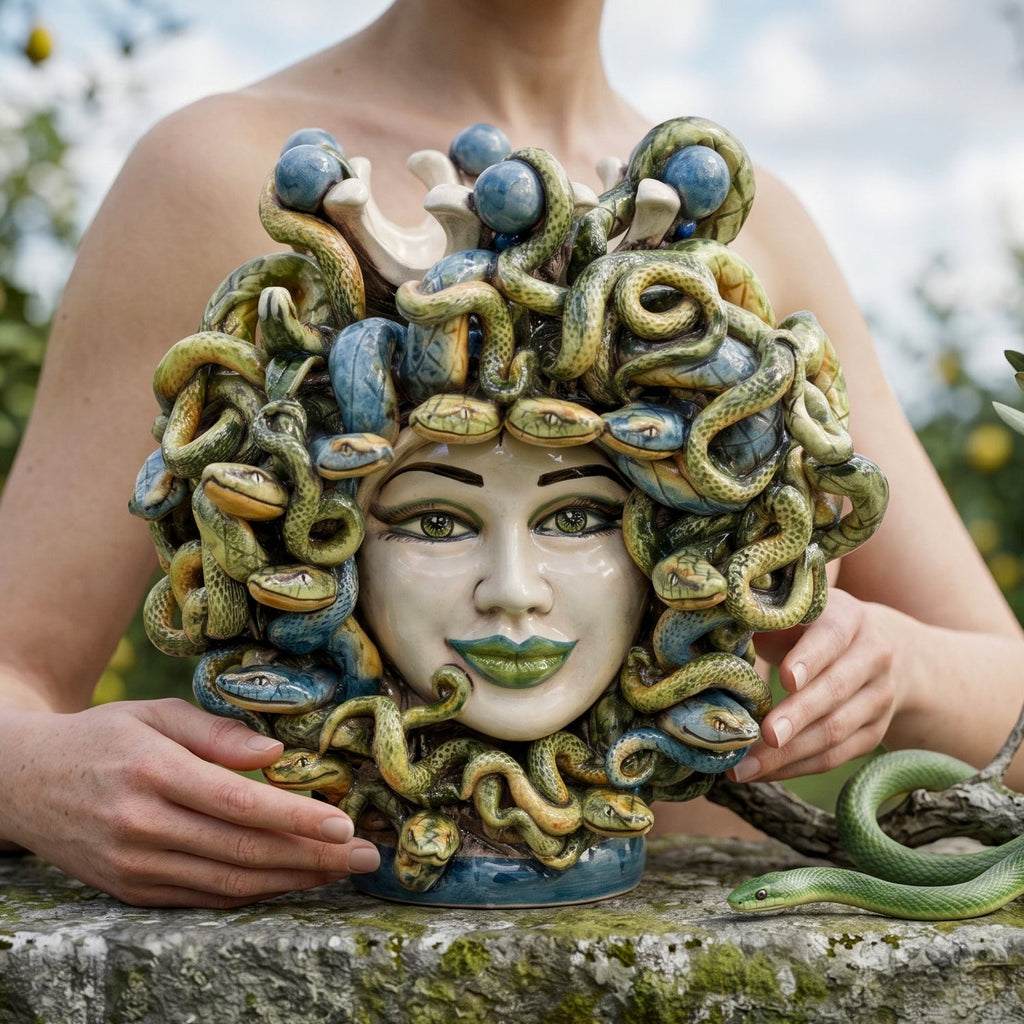 25 cm Medusa head with blue beads and green lips, coloured mother of pearl, held in two hands