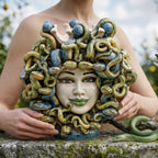 25 cm Medusa head with blue beads and green lips, coloured mother of pearl, held in two hands