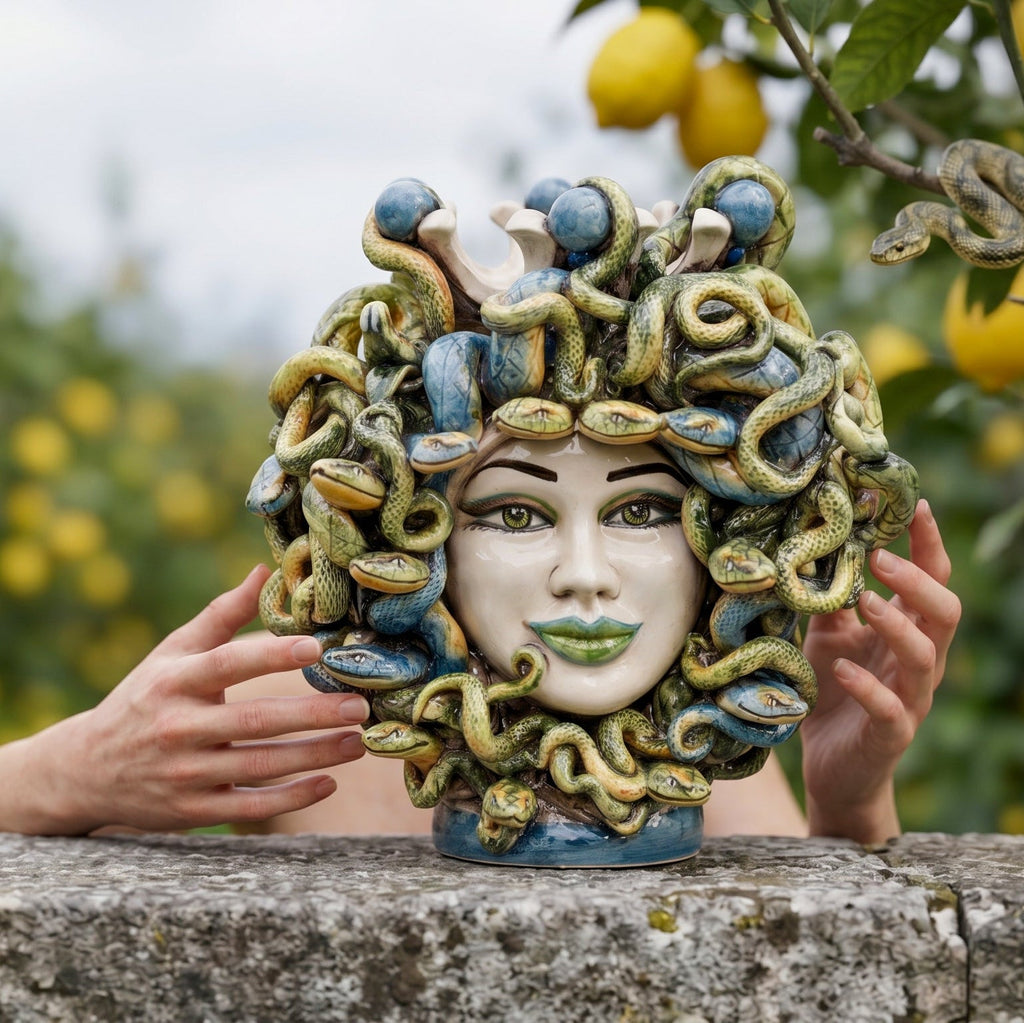 25 cm Medusa head with blue beads held in hands, in front of a lemon tree