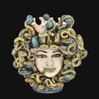 25 cm Medusa head with blue beads and green lips, coloured mother of pearl, front view on black
