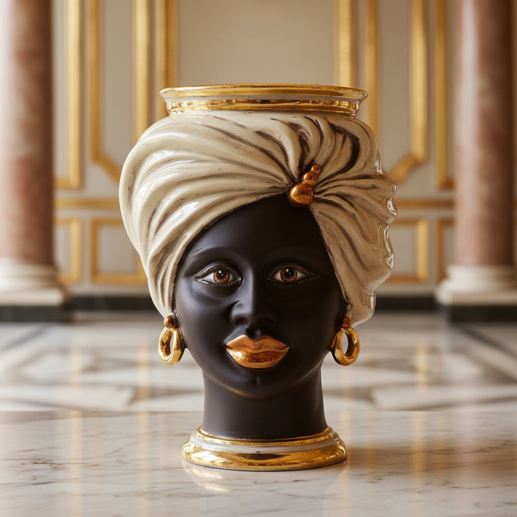 Handmade Teste di Moro vase with black face, white turban, gold accents, modern traditional design