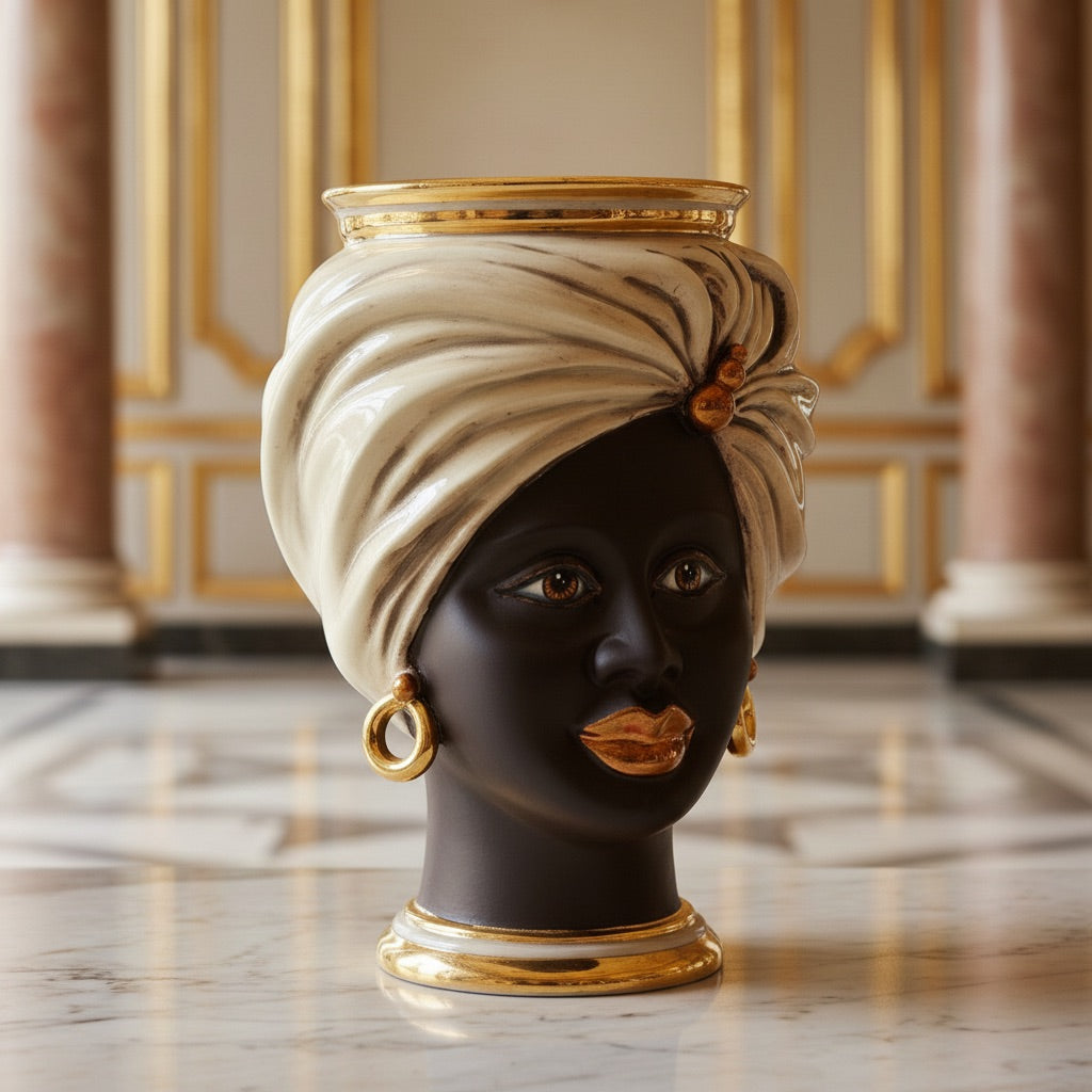 Handmade Teste di Moro vase with turban, gold accents, and dark ceramic finish for modern home decor