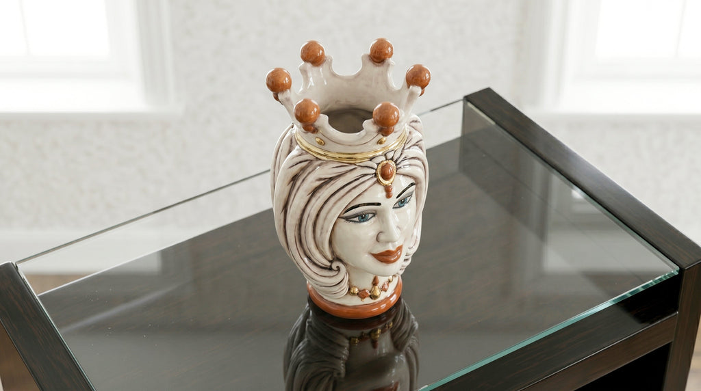 Testa di Moro con Turbante, Donna, Madreperla Antichizzato Oro e Lustri. Ceramica siciliana di Caltagirone, Sofia