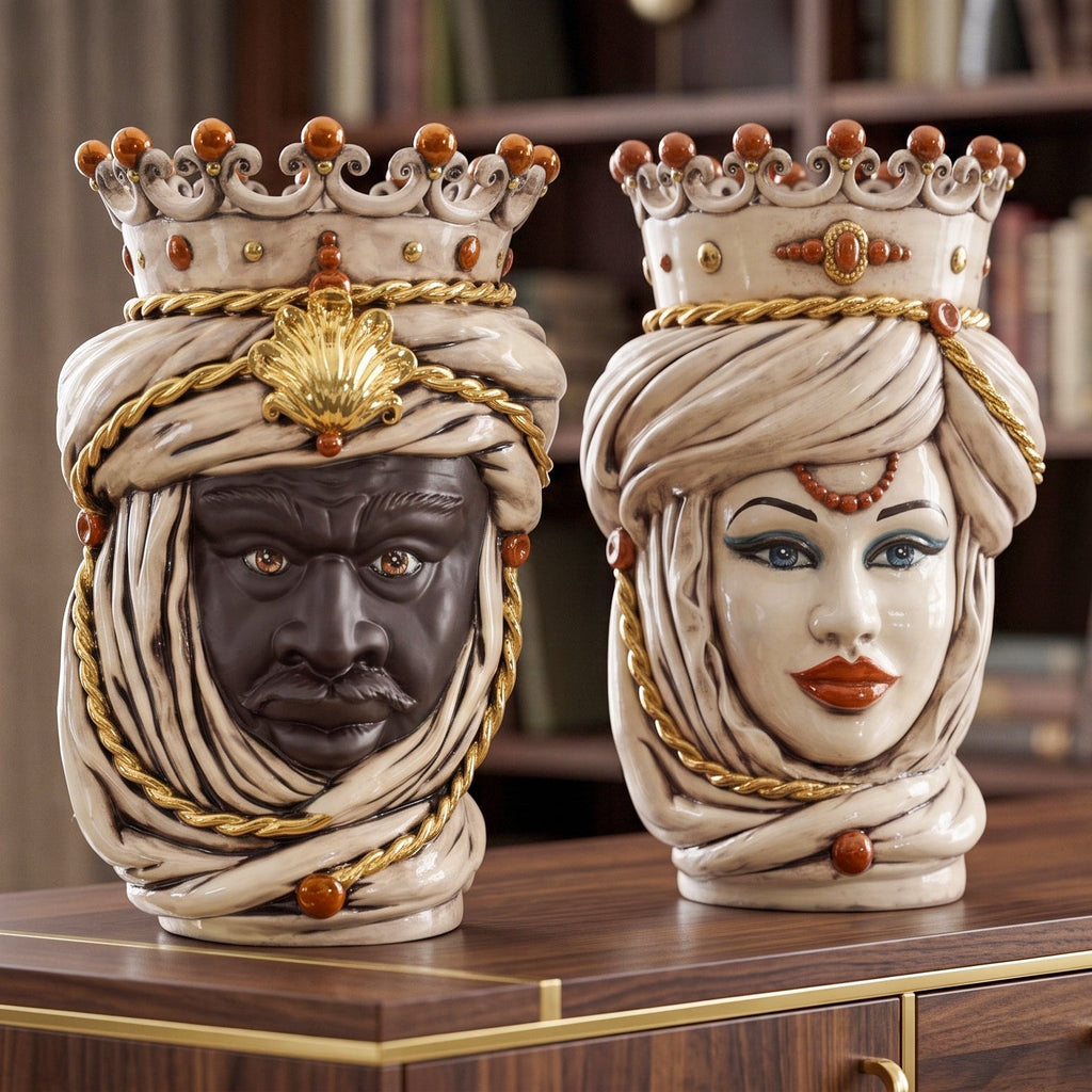 Handcrafted Teste di Moro ceramic vases with ornate crowns and turbans, blending tradition and modern design.