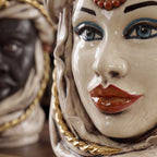 Handcrafted Teste di Moro ceramic face with blue eyes, red lips, and gold accents, blending tradition and modern design.