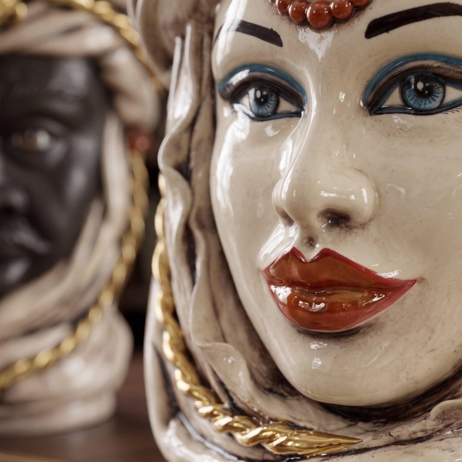 Handcrafted Teste di Moro ceramic face with blue eyes, red lips, and gold accents, blending tradition and modern design.
