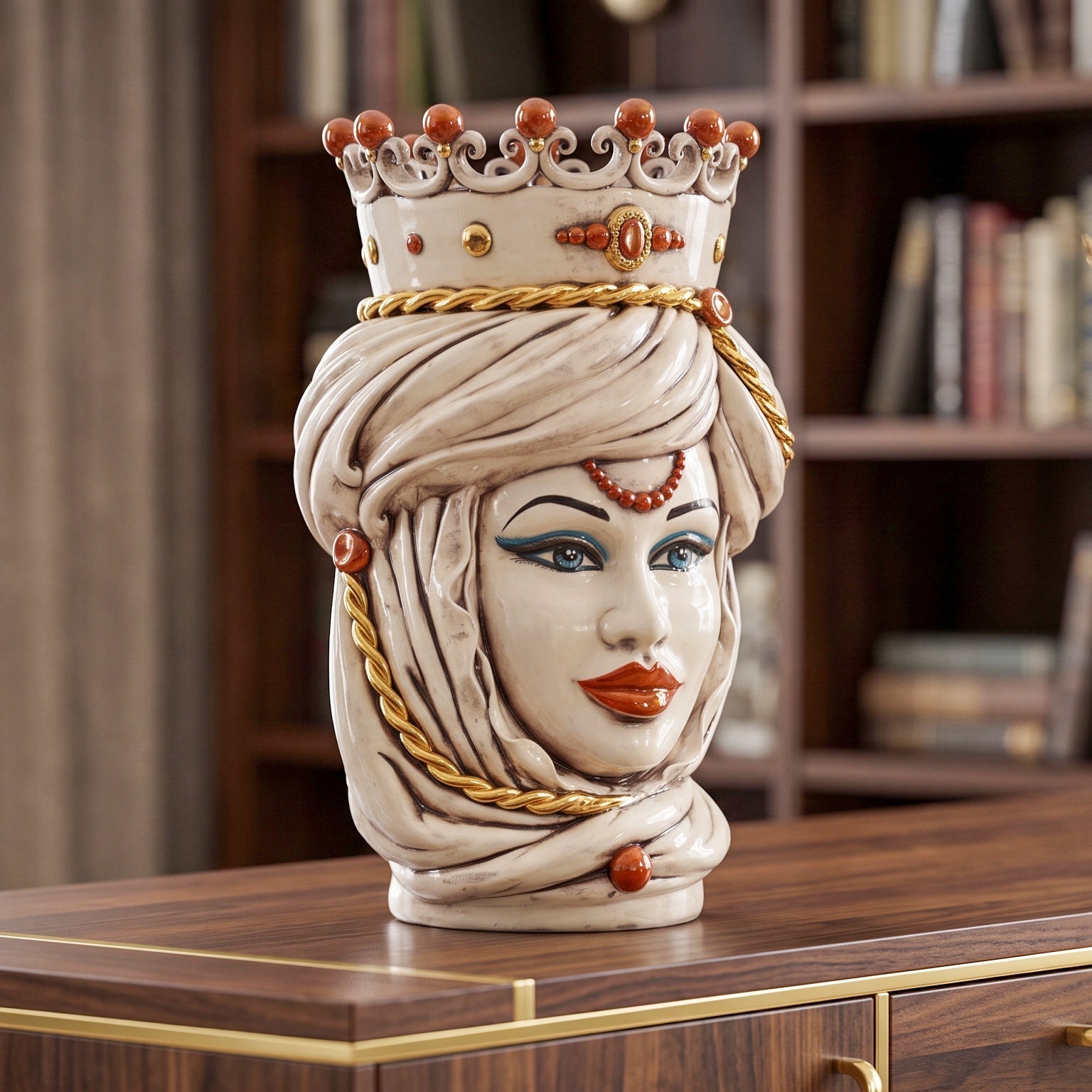 Handmade Teste di Moro ceramic vase with crown, turban, and gold accents, perfect for modern home decor