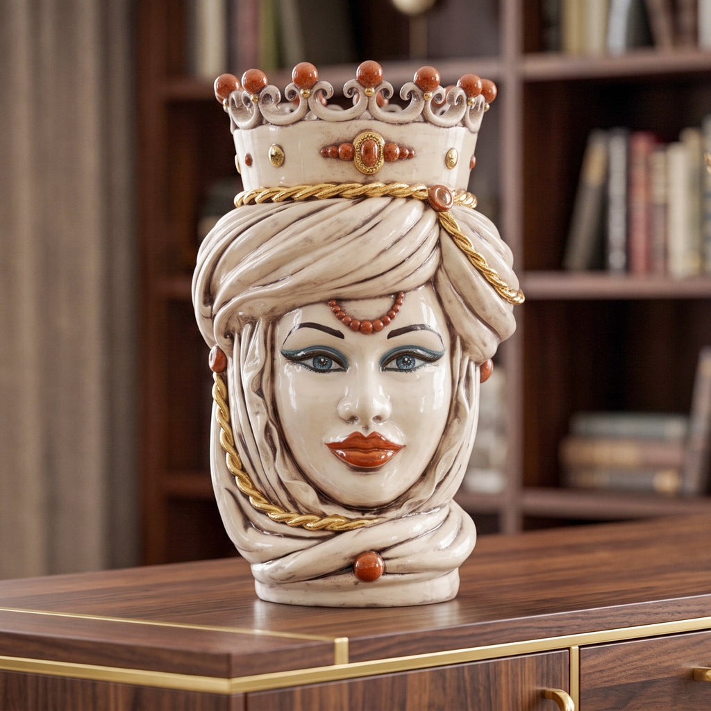 Handcrafted Teste di Moro ceramic vase with crown, turban, and gold accents, perfect for modern home decor.