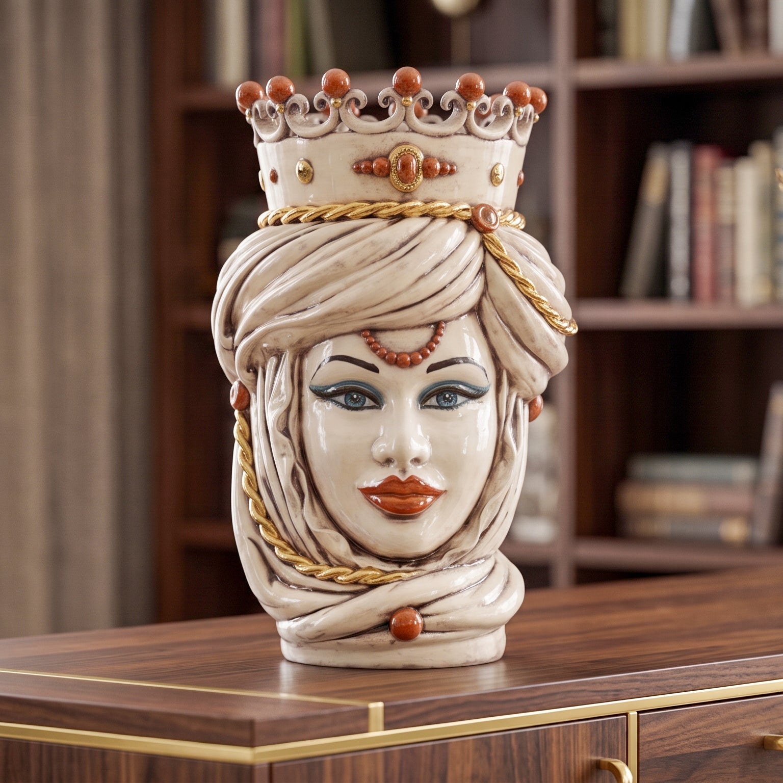 Handcrafted Teste di Moro ceramic vase with crown, turban, and gold accents, perfect for modern home decor.