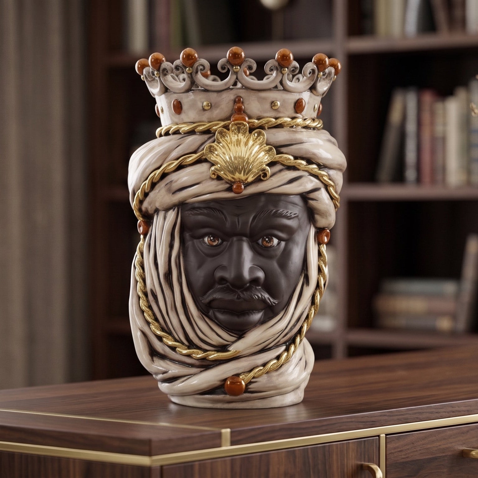 Handcrafted Teste di Moro decorative head with crown and turban, blending tradition and modern design