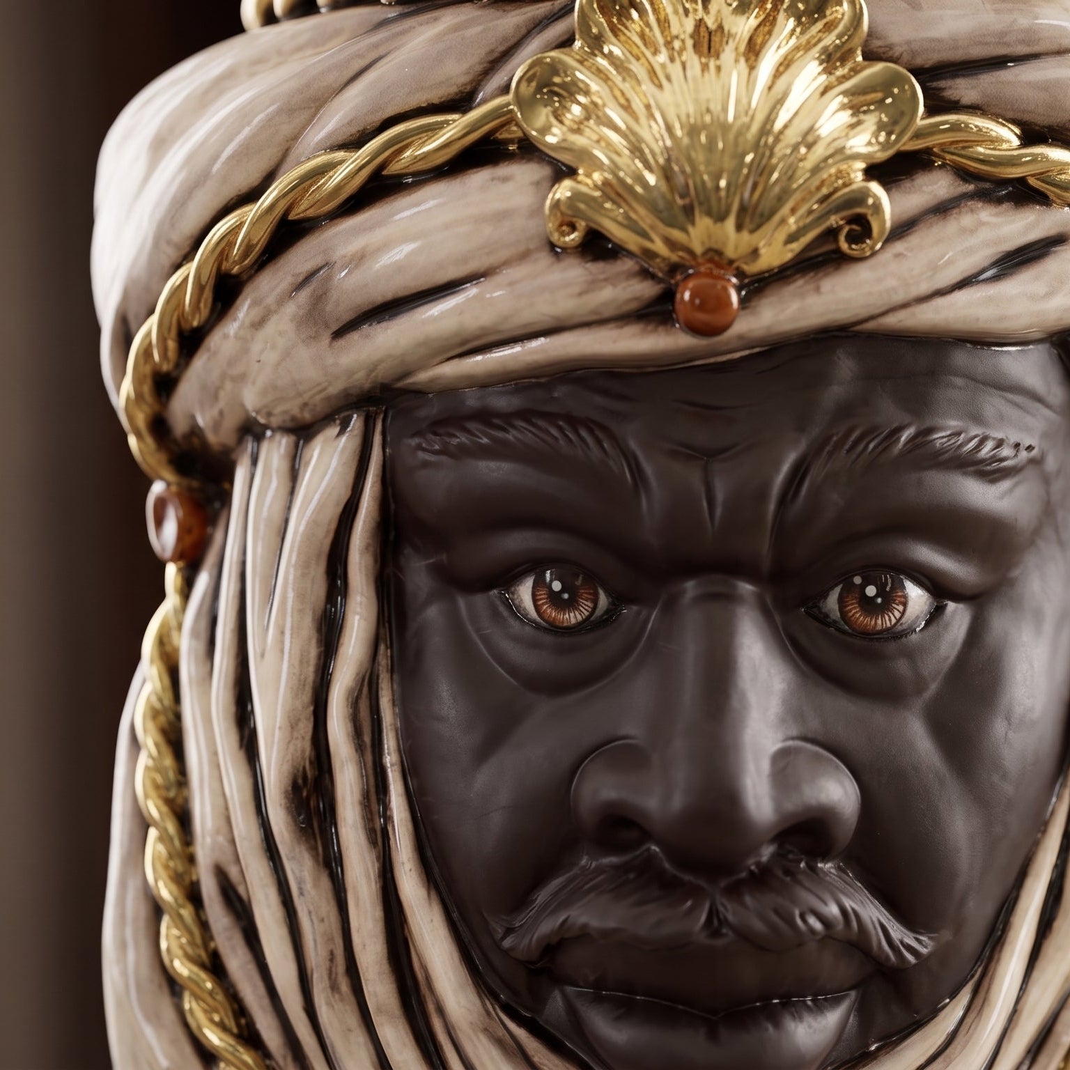 Handcrafted Teste di Moro ceramic sculpture with gold accents and detailed turban, blending tradition and modern design.