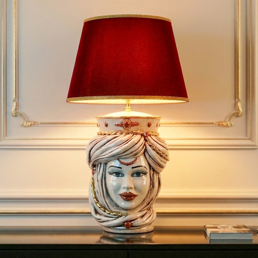 Tuareg Testa di Moro Lamp with Crown h 70 cm / 27½" (ceramic h 40 cm, fabric lampshade Ø 45 cm), Woman, Antique Mother of Pearl Gold and Lustre