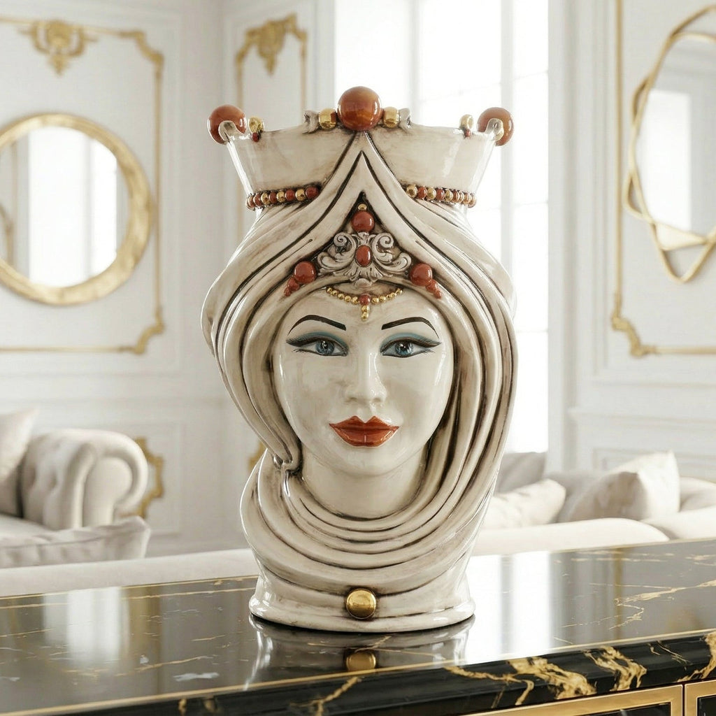 Handmade Teste di Moro ceramic vase with ornate crown, blue eyes, and red lips, displayed on marble table.