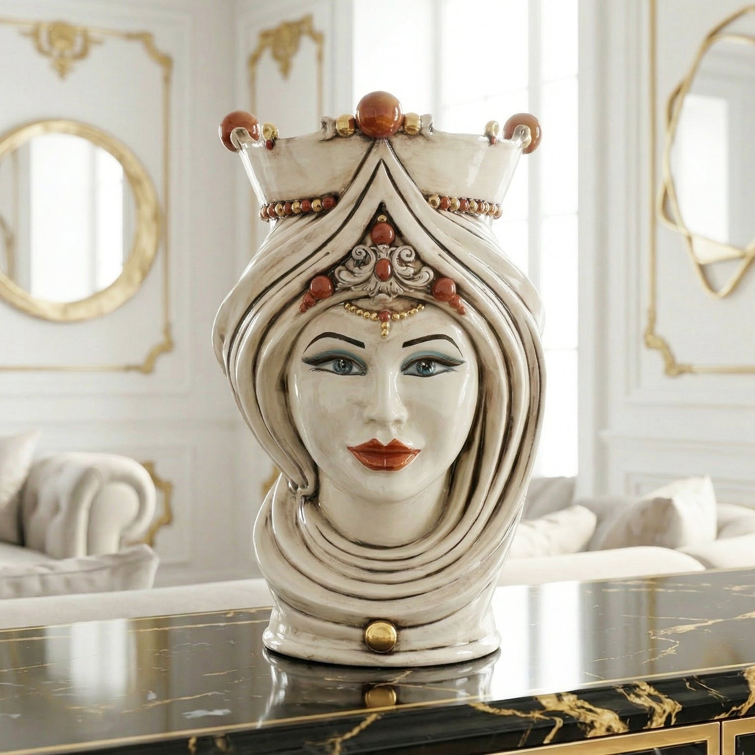 Handmade Teste di Moro ceramic vase with ornate crown, blue eyes, and red lips, displayed on marble table.