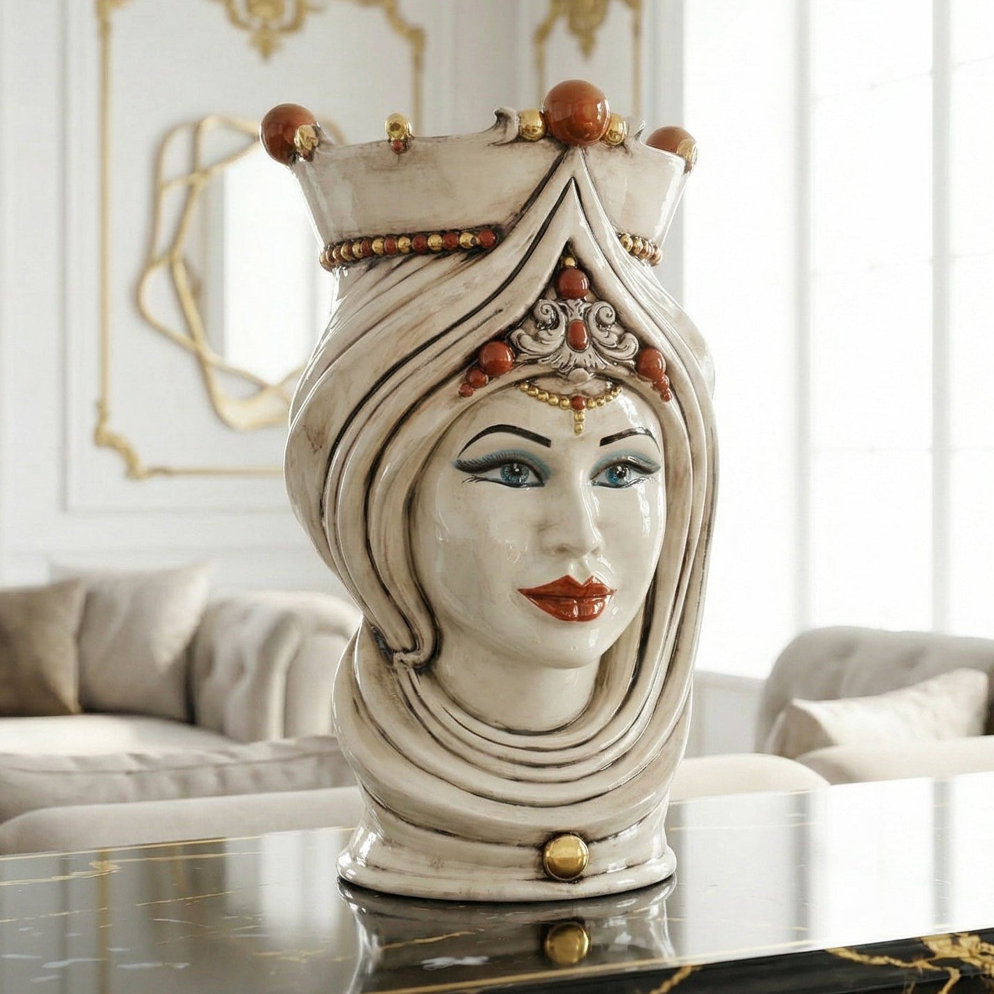 Handcrafted Teste di Moro ceramic vase with ornate crown, blue eyes, and red lips, perfect for luxury home decor.