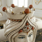 Handmade Teste di Moro ceramic vase with ornate crown and turquoise eyes, blending tradition and modern design.