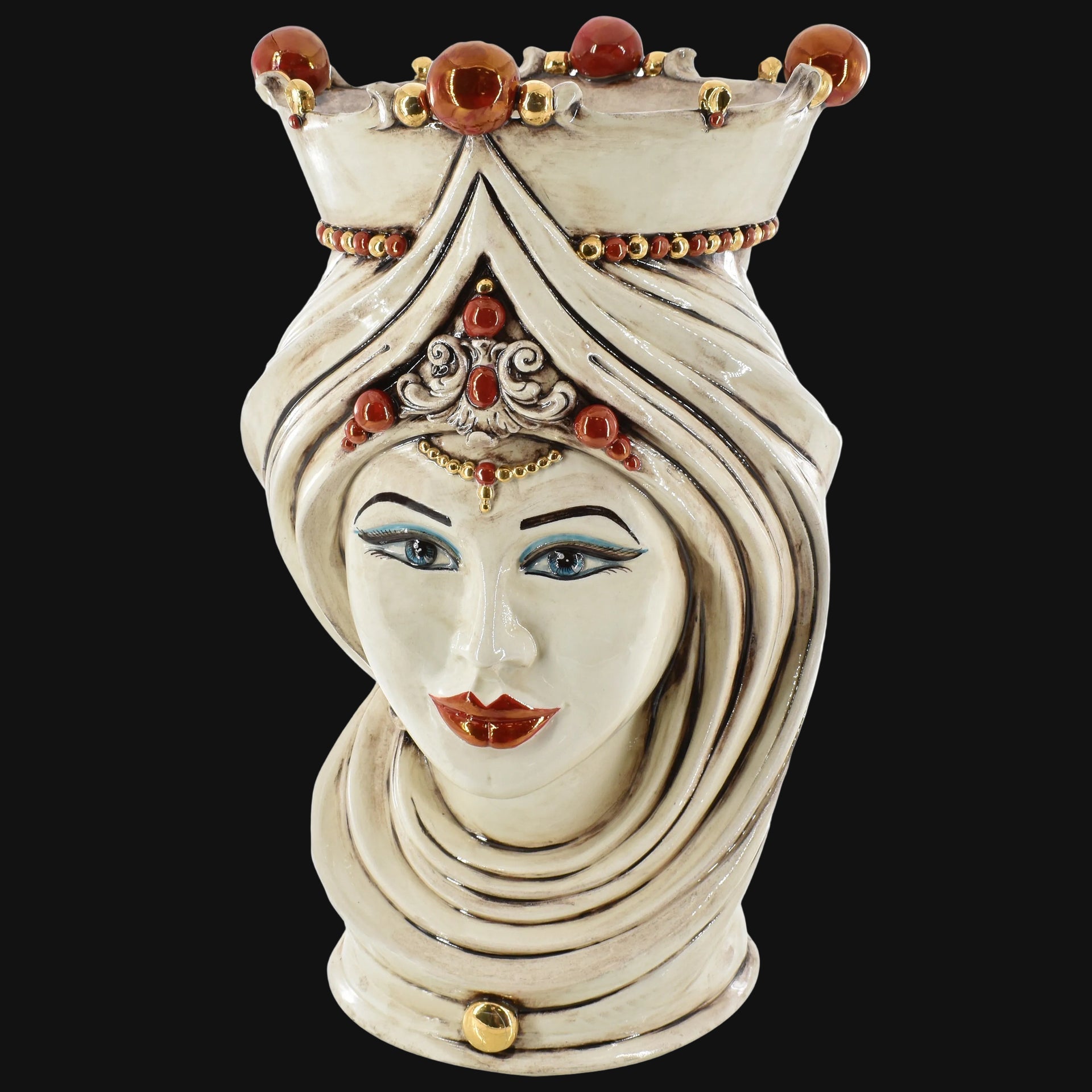 Handcrafted Teste di Moro ceramic vase with ornate crown, blue eyes, and red accents, blending tradition and modern design.