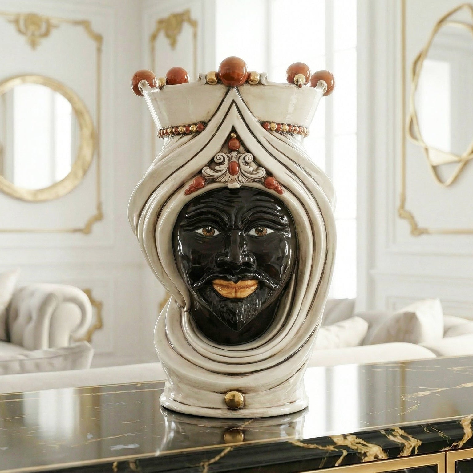 Handmade Teste di Moro ceramic vase with crown, black face, and ornate turban, displayed on marble table