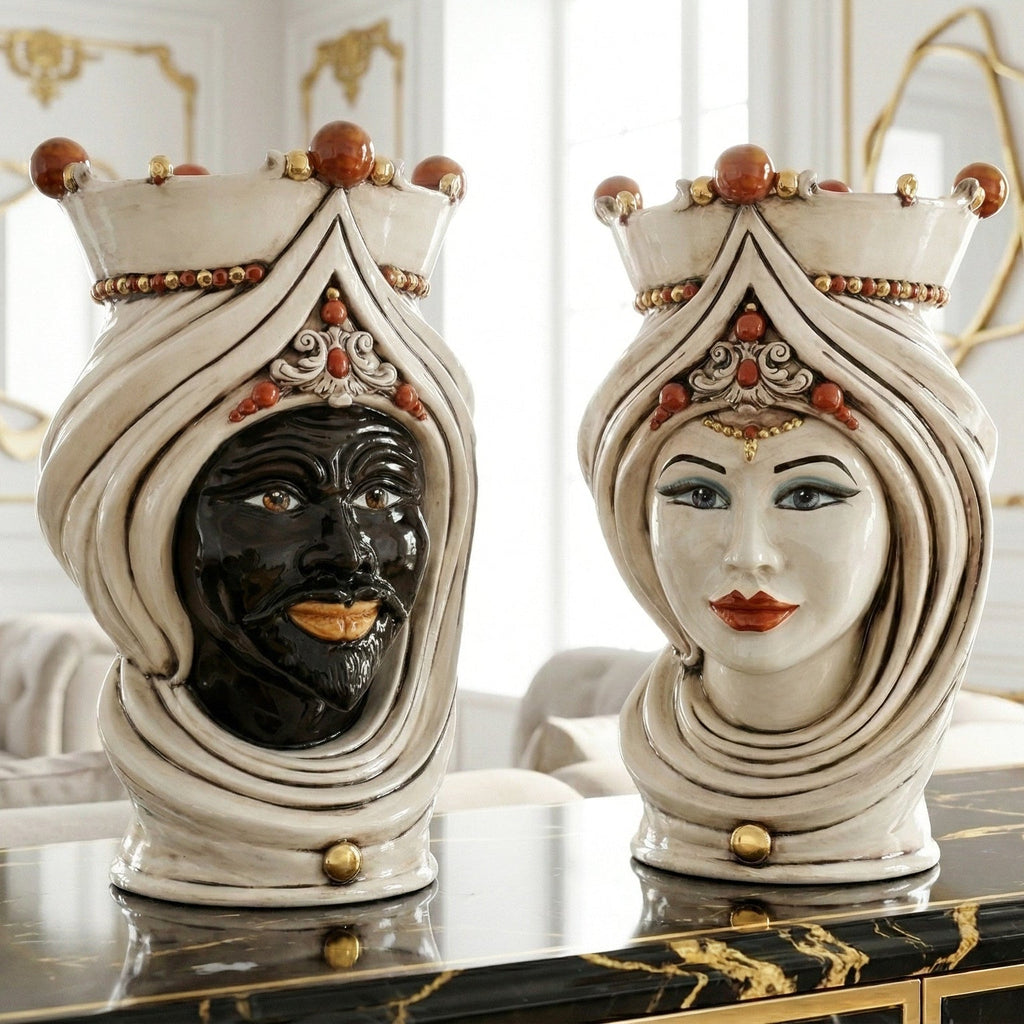 Handmade Teste di Moro ceramic vases, male and female faces with ornate turbans, luxury home decor