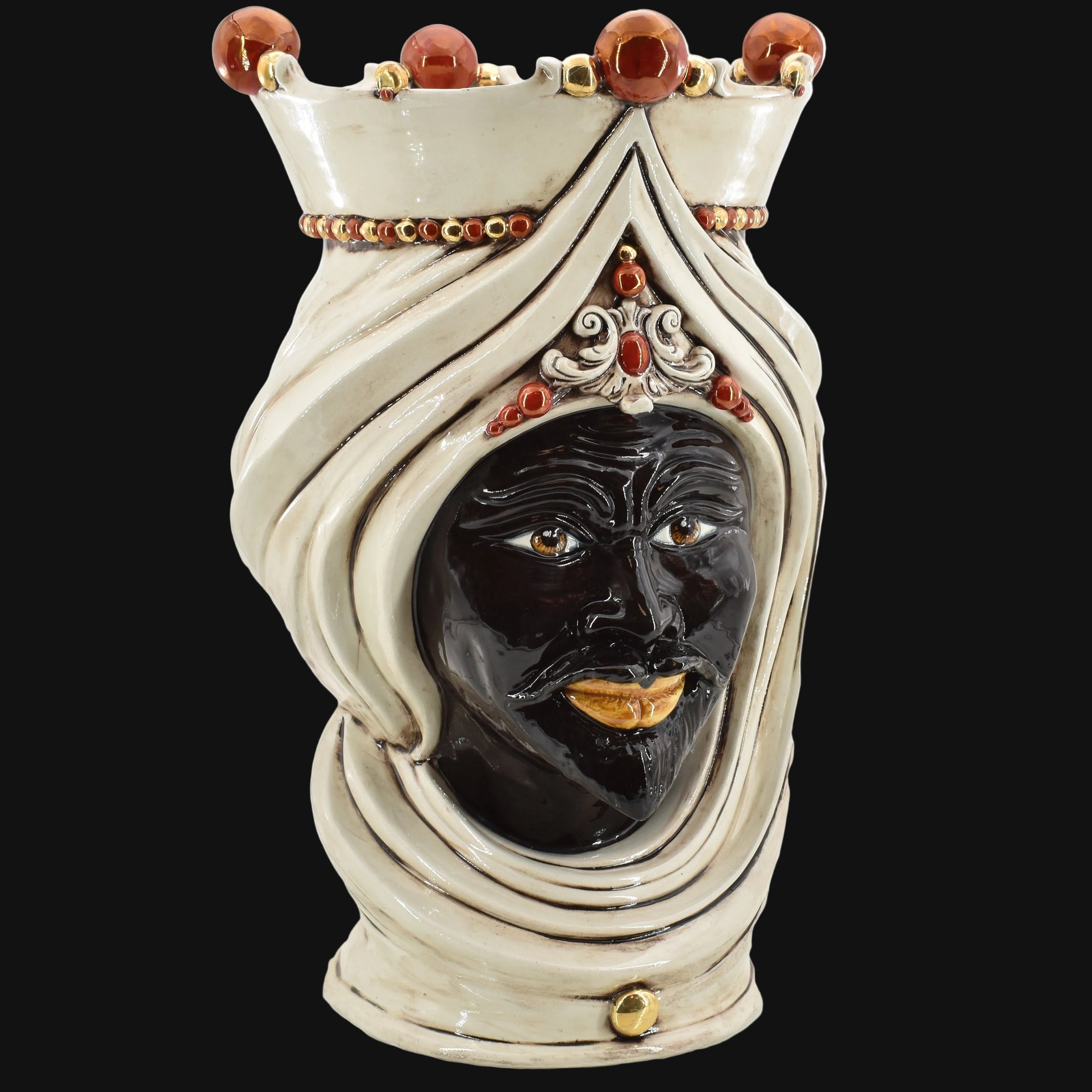 Handmade Teste di Moro ceramic vase with crown, black face, and ornate turban, blending tradition and modern design.