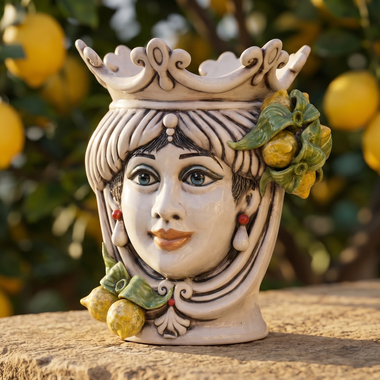 Handmade Teste di Moro ceramic vase with crown, lemon accents, and blue eyes, blending tradition and modern design.