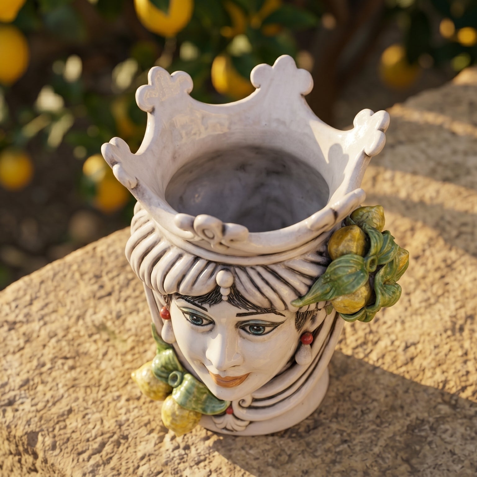 Handcrafted Teste di Moro vase with crown, lemon accents, and traditional Sicilian design