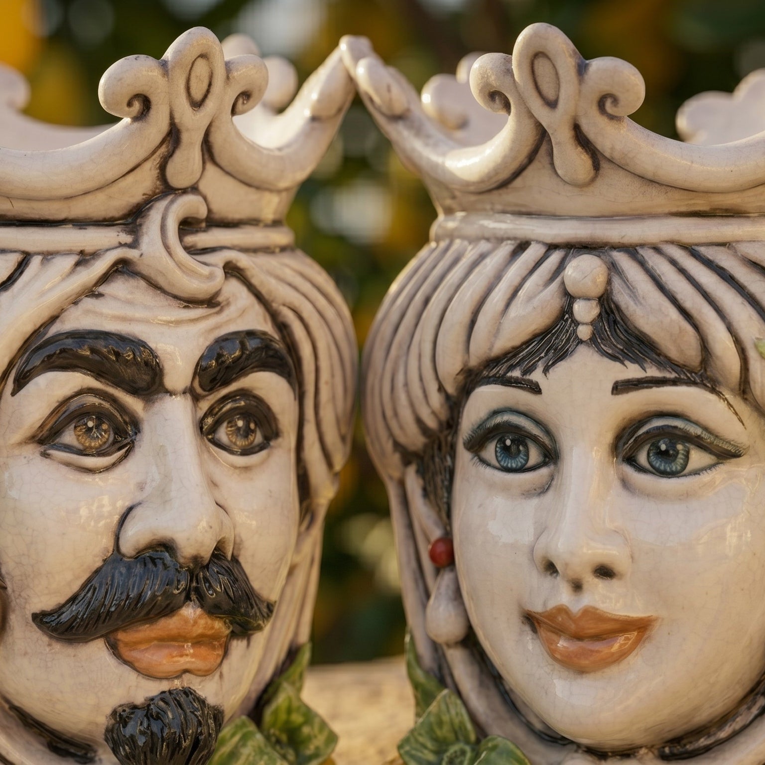 Handmade Teste di Moro ceramic faces with crowns, traditional Sicilian art for home decor