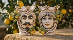 Handmade Teste di Moro ceramic faces with crowns and lemons, traditional Sicilian decor for home or garden