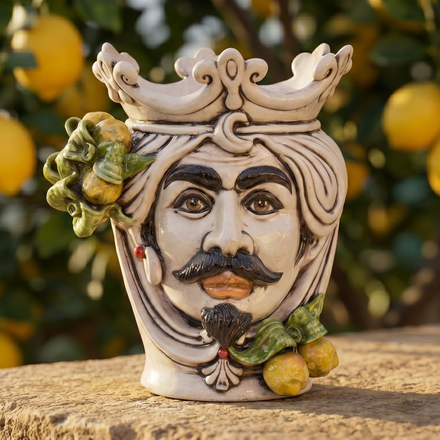 Handmade Teste di Moro ceramic vase with crown, mustache, and citrus details, perfect for Sicilian decor