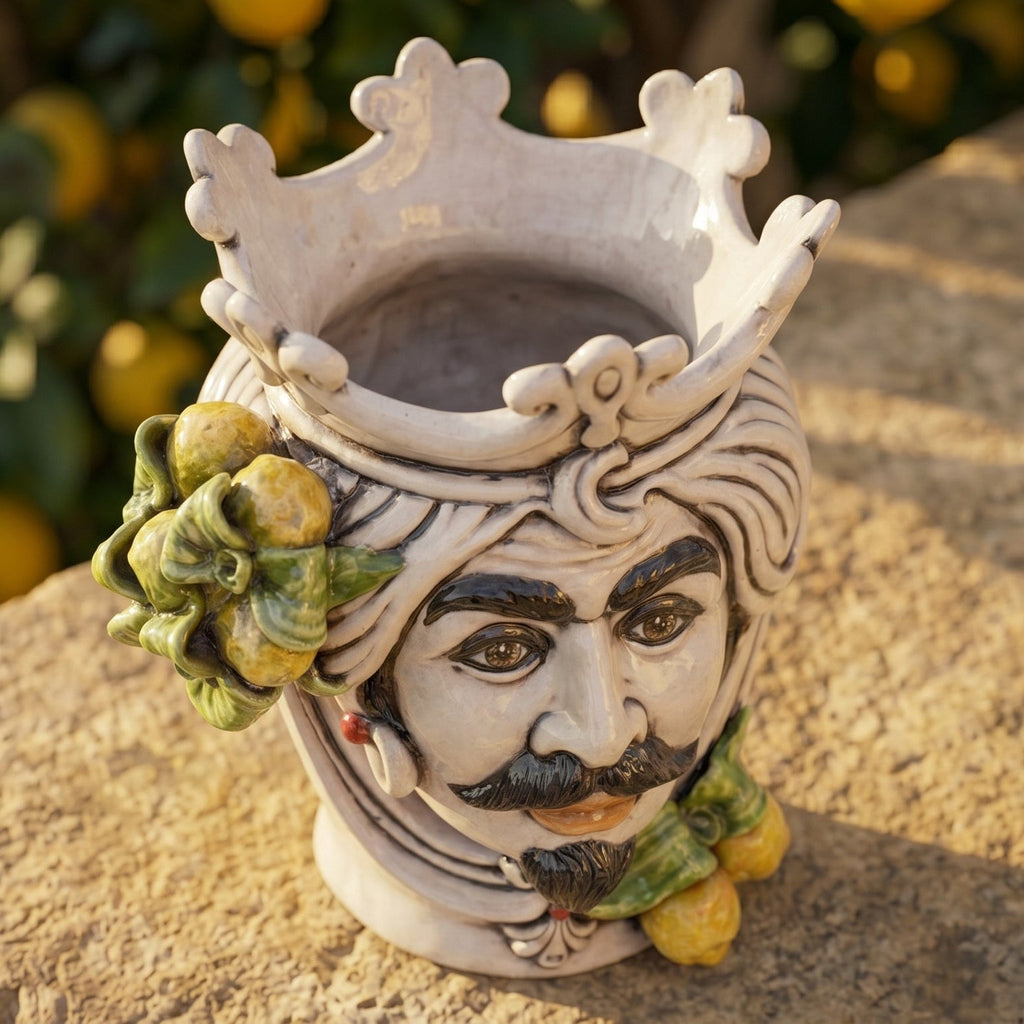 Handcrafted Teste di Moro ceramic vase with crown, citrus details, and expressive face, blending tradition and modern design.