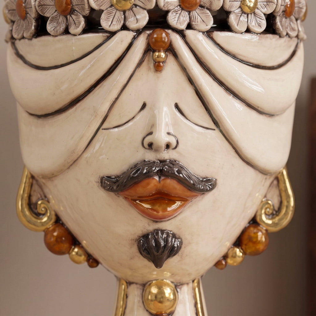 Zahira Head with Flowers H 30 cm — Man, Antiqued Mother of Pearl | Caltagirone Ceramics
