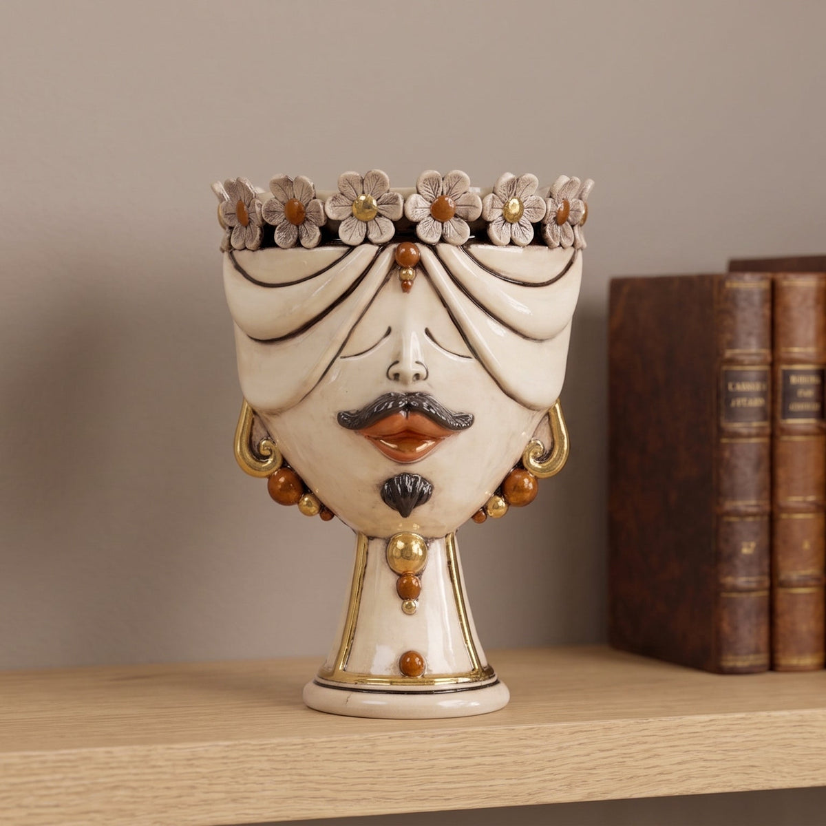 Zahira Head with Flowers H 30 cm — Man, Antiqued Mother of Pearl | Caltagirone Ceramics