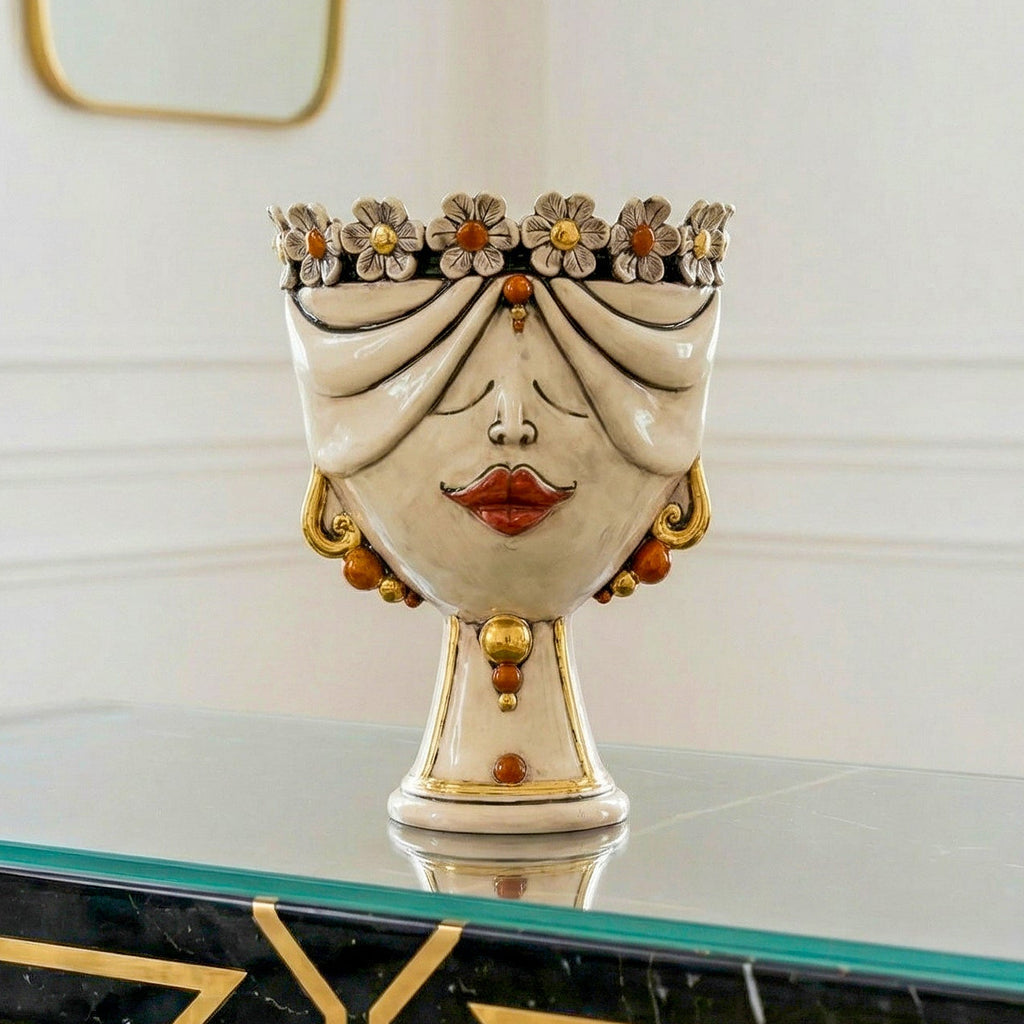 Handcrafted Teste di Moro vase with floral crown, gold accents, and elegant ceramic design for modern home decor
