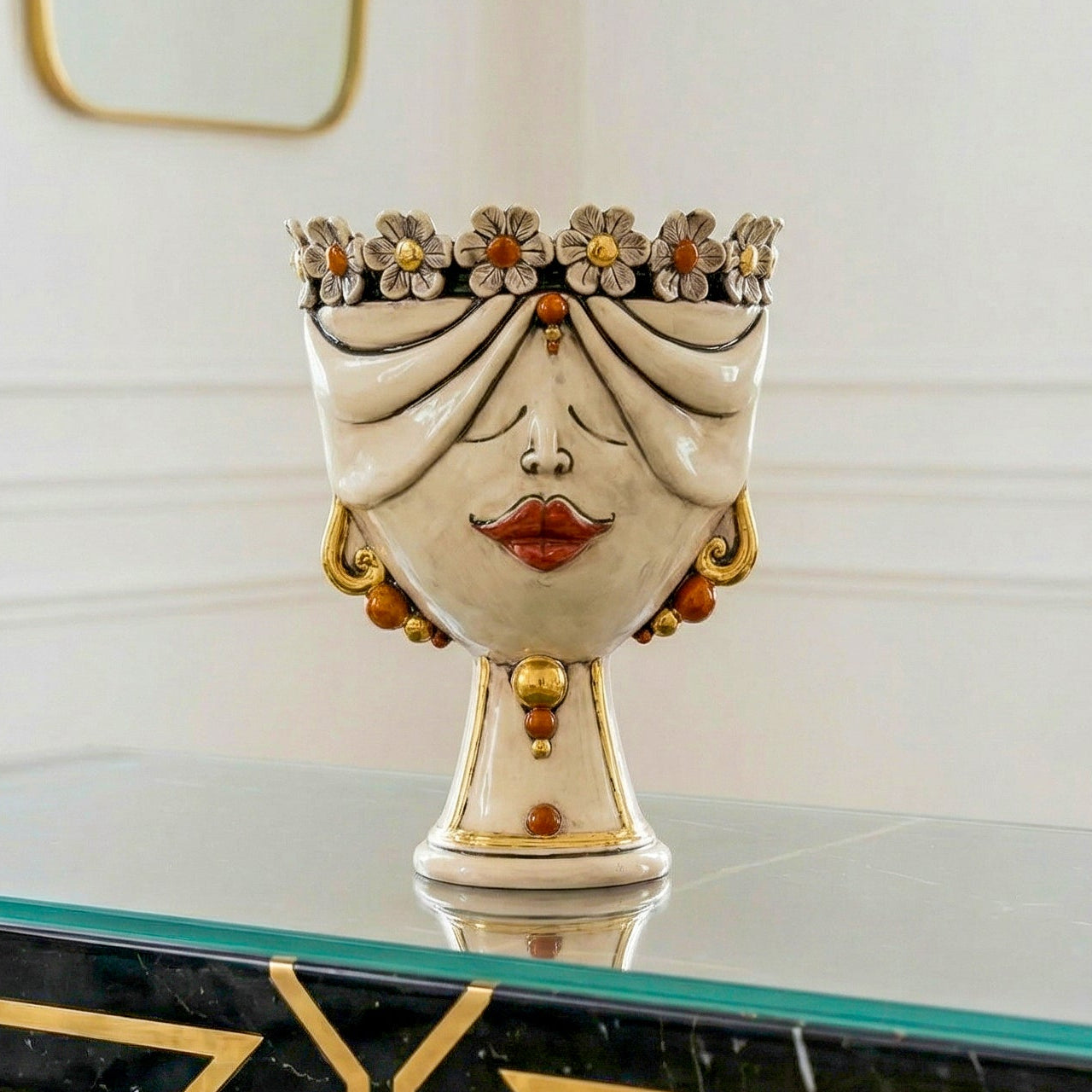 Handcrafted Teste di Moro vase with floral crown, gold accents, and elegant ceramic design for modern home decor