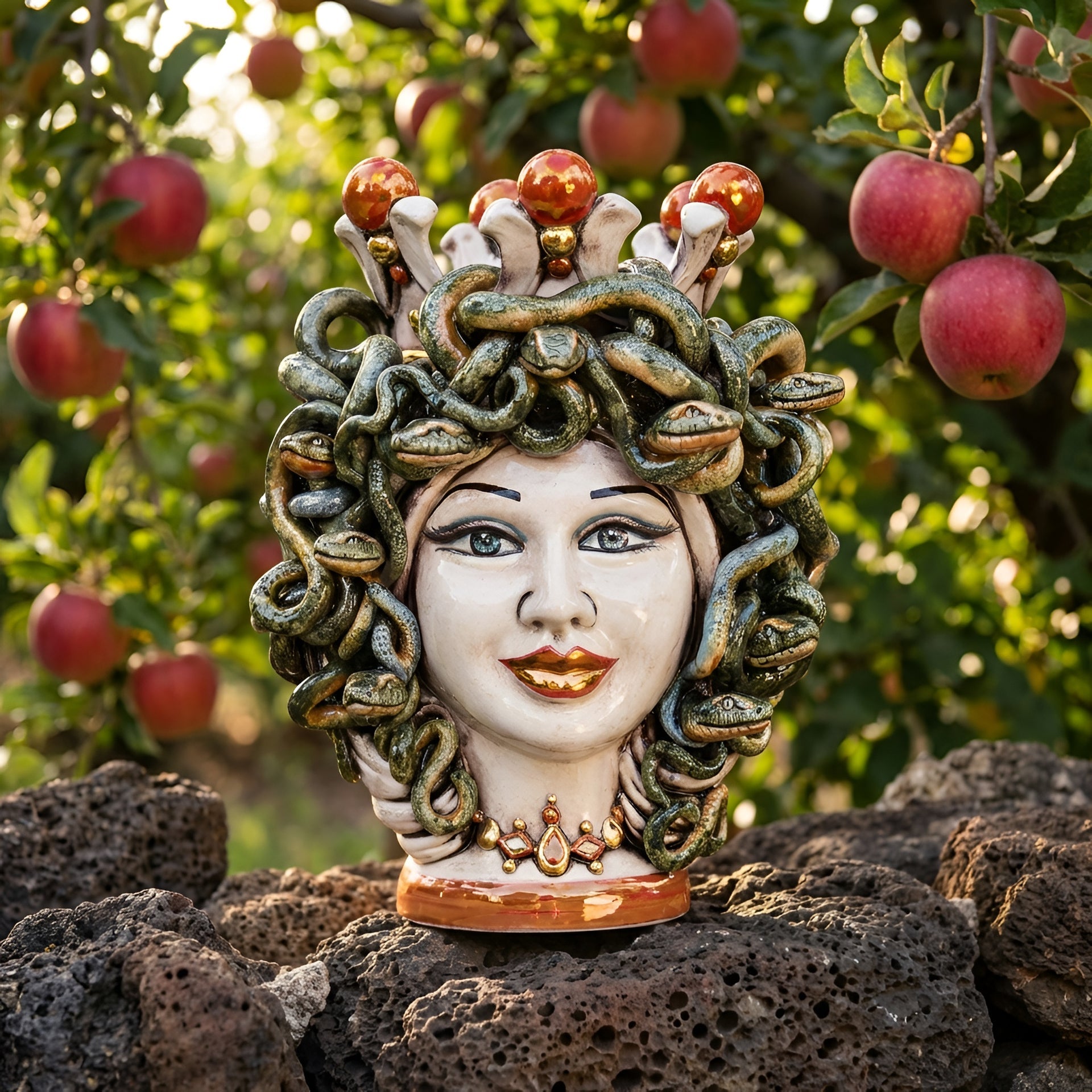 Handmade Medusa Testa di Moro ceramic sculpture with snake hair, set outdoors among apples and volcanic rocks.